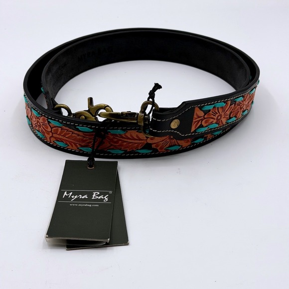 Myra Bag Accessories - Myra Bag Floral Tooled Leather Handbag/Purse Strap Turquoise Whipstitch Black